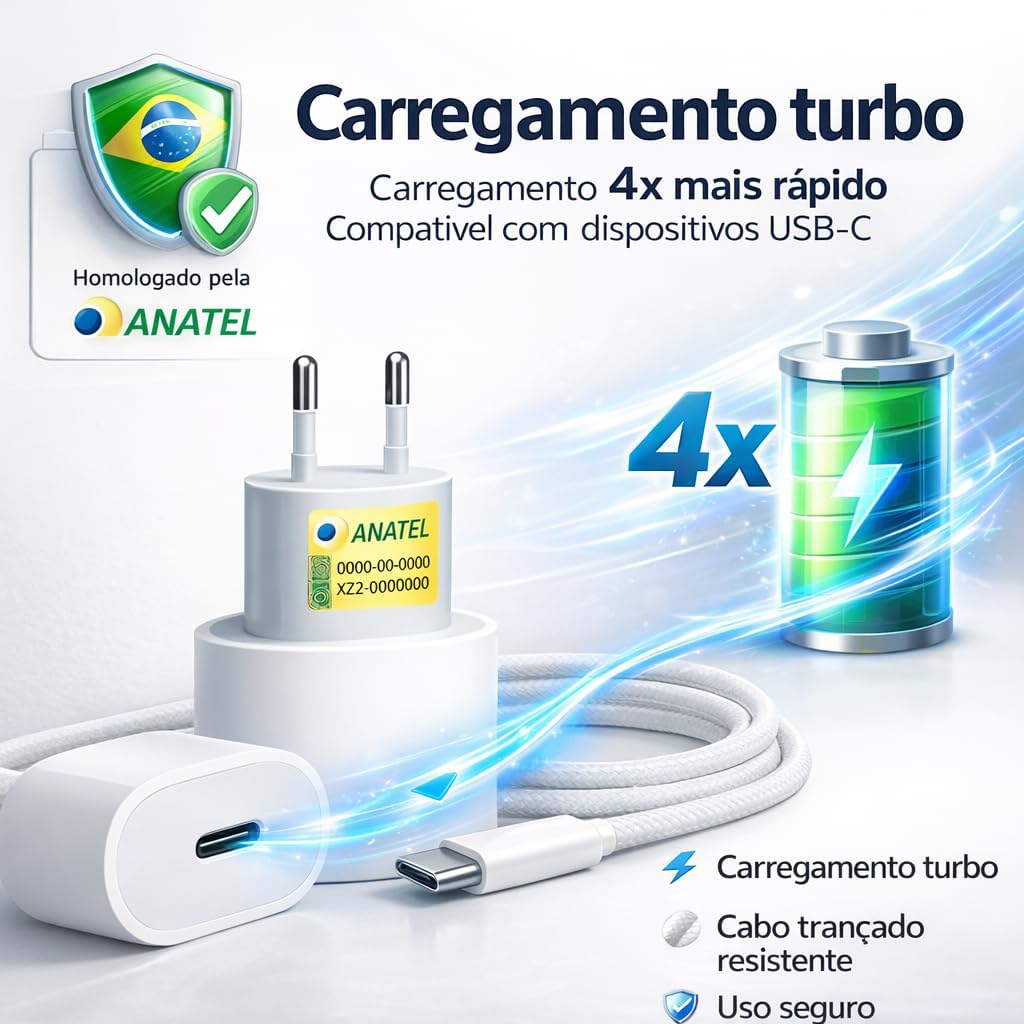 Carregador Turbo 30w Usb-c Com Cabo Tipo C 1 Metro Trançado Branco Fonte De Carregamento Turbo